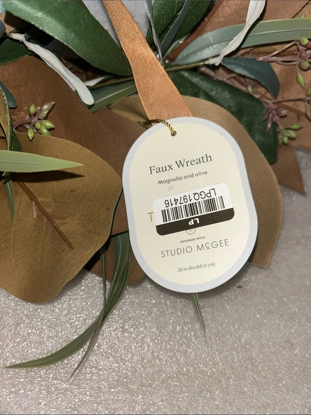 Studio McGee 26” Dia Green and Brown Magnolia and Olive Wreath with velvet bow